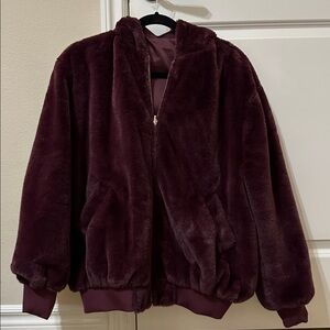 Reversible Maroon Oversized Bomber / Fur Jacket NWOT